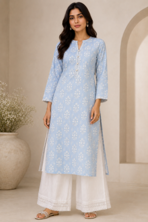 Powder Blue Floral Straight Kurta Set