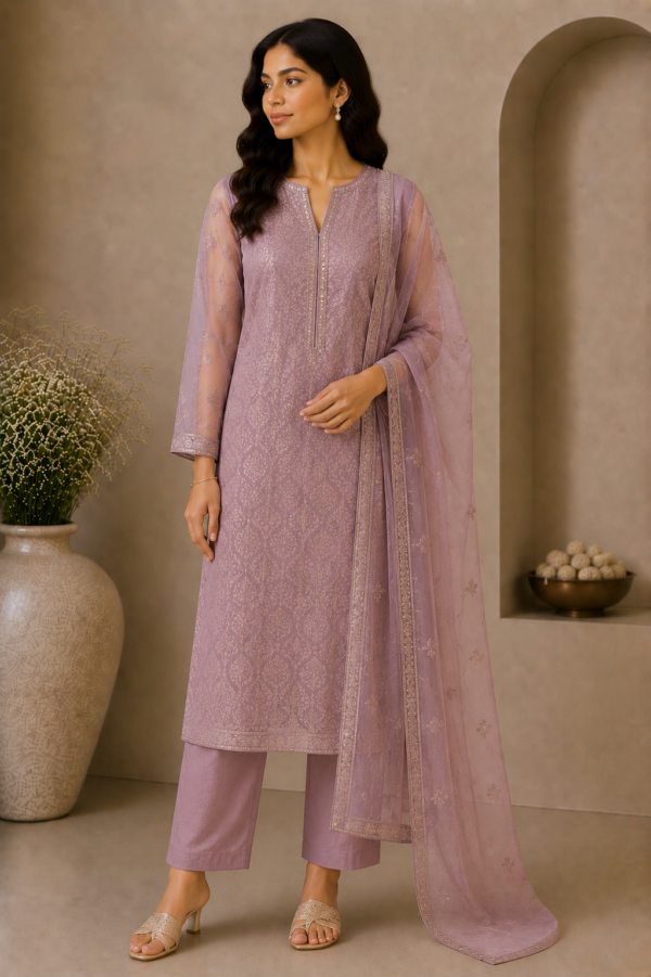 Zarmina Mauve Embroidered Kurta Set