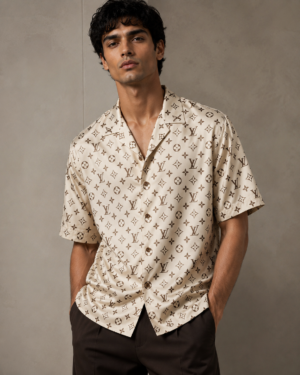 LV Cream & Brown Allover Monogram Cuban Collar Silk Shirt