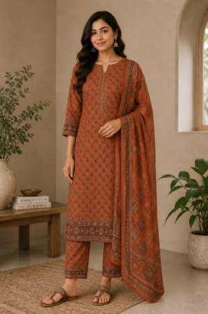 Rust Heritage Printed Kurta Set