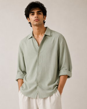 Sage Green Korean Shirt with Vertical Self-Texture Stripes