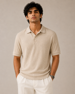 Matte Beige Old Money Polo with Ribbed Sleeve Ends