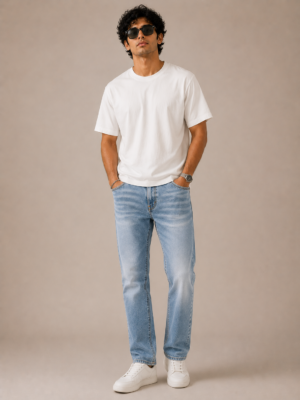 Light Ice Blue Straight Fit Jeans with Vintage Fade