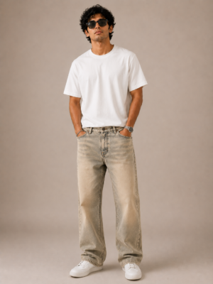 Sand Beige Vintage Wash Wide-Leg Jeans