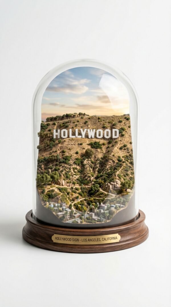 create_Hollywood_Sign_202603222052 Hollywood Sign Miniature Dome Showpiece – Celebrity Vibe Decor (Rs. 110)