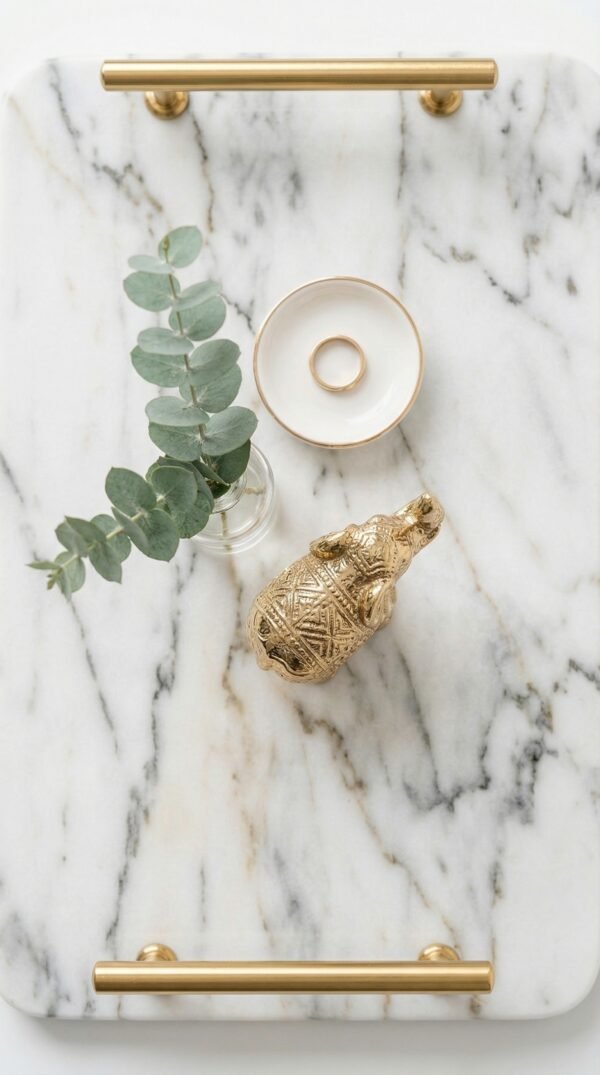 show_top_angle_202603211234 Marble Texture Serving Tray with Gold Handles – Premium Home Decor (Rs. 105)